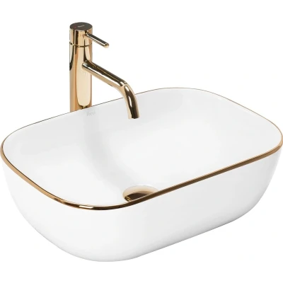 Afbeelding van REA Belinda Opzetwastafel Waskom 46.5 x 33.5 13.5 cm Glans Wit met Gouden Rand