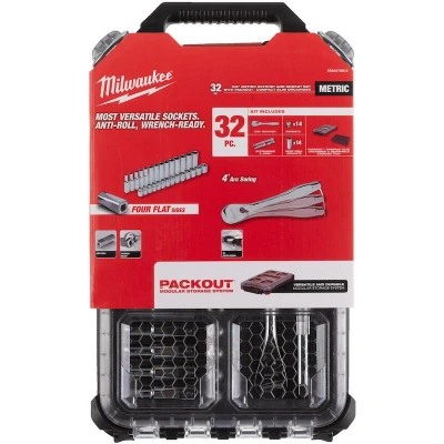 Afbeelding van MILWAUKEE 4932478813 PACKOUT ratel en doppenset metrisch 3/8&quot; in Compact Slim Organiser 32 delig
