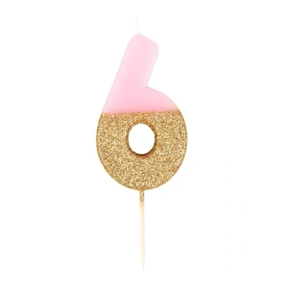 Image de Bougie d&#039;anniversaire numéro 6 rose avec paillettes dorées Décoration de gâteau qualité supérieure Jolie, scintillante pour enfants, adultes, 6e, 16e, 60e fête, anniversaire, âge jalon