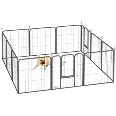 Afbeelding van PawHut hondenhok, 12 panelen, modulair en opvouwbaar, draagbaar, van staal, 60 uur, met 2 deuren, hek voor kleine honden, binnen buiten, zwart