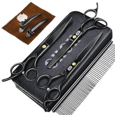 Afbeelding van Hondenverzorging schaar kit, CIICII 7 inch professionele huisdier verzorging set (hond/kat haar dunner trimmen snijschaar) met gebogen voor DIY thuis salon (Heavy Duty Black 9 stuks)