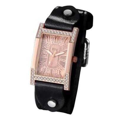 Afbeelding van JewelryWe Dameshorloge, rechthoekig, leer, steampunk, vintage, analoog, kwarts, groen, kunstleren armband, kubische zirkonia, Romeinse cijfers, vierkante wijzerplaat, Groen
