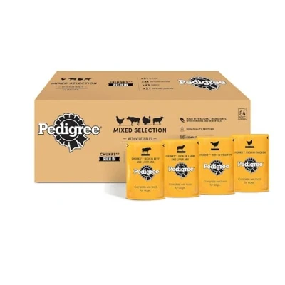 Afbeelding van Pedigree Natvoer Mixed selection 84 x 100 g. Kip, Runds, Kalkoen en Lams hondenvoeding Compleet nat hondenvoer.