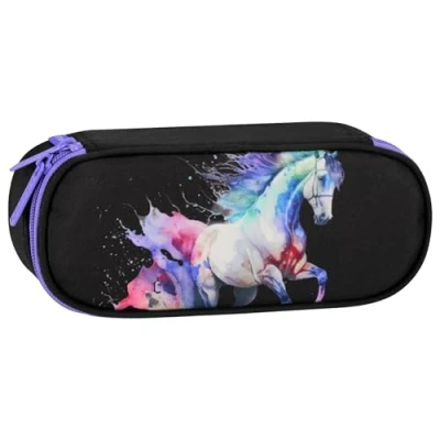 Afbeelding van Zwarte, COMPARTIMENT etui voor schoolpotloden, meisje, paard 5x22x10cm