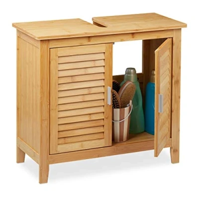 Afbeelding van Relaxdays Bamboe wastafelonderkast, 60 x 67 30 cm, 1 groot vak, 2 deuren, magnetisch, badkamer, natuur, element