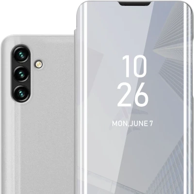 Afbeelding van Cadorabo Hoesje geschikt voor Samsung Galaxy A13 5G in AGAAT ZILVER Clear View Spiegel Beschermende Case met Tribunefunctie 360 Graden Bescherming Book Cover Etui