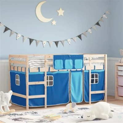 Afbeelding van vidaXL Kinderhoogslaper met gordijnen 80x200 cm grenenhout blauw