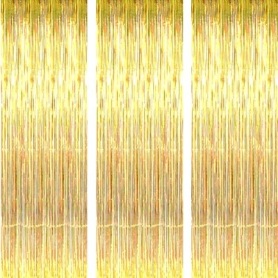 Afbeelding van AILEXI 3 stuks metalen gordijnen, glinsterend, franjes, prachtig gordijn, deur, raam, decoratie voor verjaardag, bruiloftsfeestaccessoires, 92 x 245 cm, goud