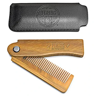 Afbeelding van Viking Revolution Opvouwbare baardkam met draagtas voor heren Natuurlijke houten het verzorgen en kammen van haar, baard snorharen Geschenken