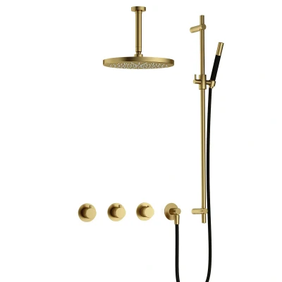 Afbeelding van Hotbath Cobber Regendoucheset IBS70 Geborsteld Messing PVD Staaf handdouche 30cm Hoofddouche 15cm Plafondbuis Handouche met glijstang