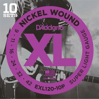 Image de Pack de 10 jeux cordes guitare electrique d&#039;addario exl 120 9 11 16 24 32 42