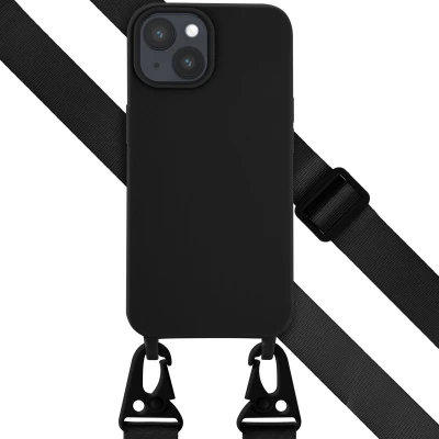 Afbeelding van Selencia hoesje Geschikt voor iPhone 15 met koord Siliconen afneembaar Zwart
