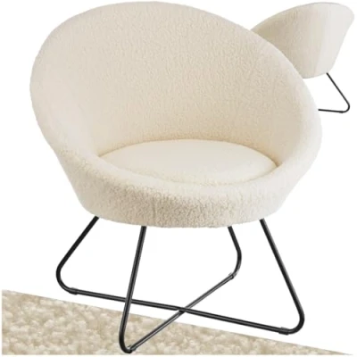 Afbeelding van tectake® Cocktail Stoel Centera, Gestoffeerd, Ronde in Scandi Stijl met Bouclé Bekleding, Solide Stalen Frame Comfortabel Zitmeubel voor Woonkamer, Slaapkamer of Lounge