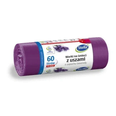 Afbeelding van STELLA 023578 vuilniszakken met handgrepen, 60 l, sterk, lavendelgeur, voor huishoudelijk afval en kantoor, van LDPE folie, gemaakt kleur: lavendel/paars, 16 stuks