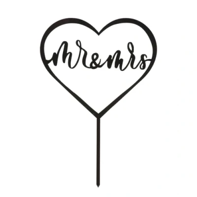 Afbeelding van dekora Mr &amp; Mrs topper met hart Taartdecoratie geschikt voor contact levensmiddelen Kunststof het versieren van taarten of cakes Zwart Afmetingen 15 x cm