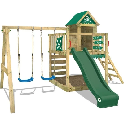 Afbeelding van WICKEY speeltoestel klimtoestel Smart Cave met schommel &amp; groene glijbaan, outdoor klimtoren voor kinderen zandbak, ladder speelaccessoires de tuin