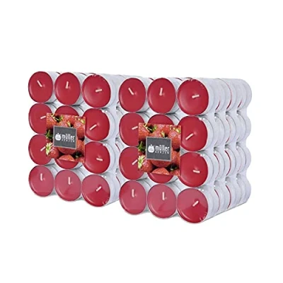 Afbeelding van Müller Tealights Geurkaarsen, 192 stuks, aardbeiengeur, 39 x 15 mm, houdt 4 uur, rode waskaarsen, druppelvrije aluminium container