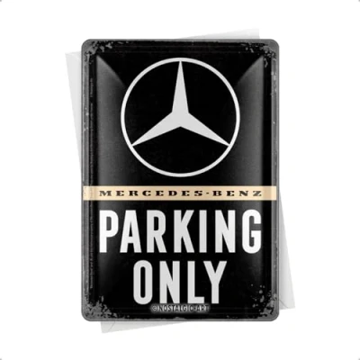 Afbeelding van Nostalgic Art Mercedes Benz Retro ansichtkaart van plaatstaal 10 x 14 cm Parking Only cadeau idee voor fans accessoires, metalen ansichtkaart, mini tinnen bord als kaart