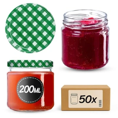 Afbeelding van KADAX Kleine inmaakpotten, 200 ml, luchtdicht, rond, FI66 mm, jampotten, bokalen, minipotten voor honing en kruiden, 50 stuks, groen geruit