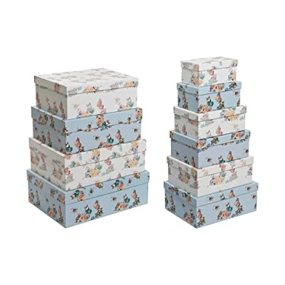 Afbeelding van Set van opstapelbare opbergboxen DKD Home Decor Blauw Wit Blommor Karton (43,5 x 33,5 15,5 cm)