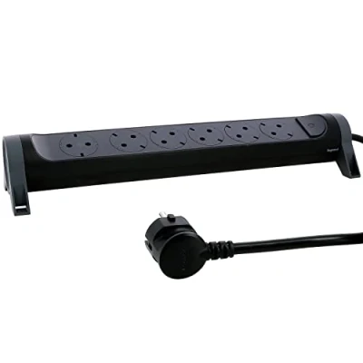 Afbeelding van Legrand, Draaibare stekkerdoos, 6 voudig, wand of tafelmontage, led aan/uit schakelaar, 3 m kabel, zwart/donkergrijs, 694540