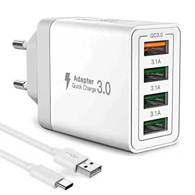 Afbeelding van ANNCAY Quick Charge 3.0 USB oplader met type C oplaadkabel, 33 W QC 4 voedingspoorten voor Samsung Galaxy S21/S20/iPhone 12/13/Huawei/Xiaomi enz. (wit)