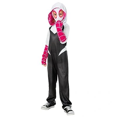 Afbeelding van Rubies Spiderman Gwen Spiderverse Clássic meisjeskostuum met capuchon en officieel Marvel masker voor Halloween, carnaval, Kerstmis verjaardag
