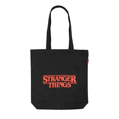 Afbeelding van Grupo Erik Zwarte draagtas Stranger Things Tote Bag Katoen 37 x 39 cm Herbruikbare draagtas, boodschappentas, stoffen tas, strandtas, Wit logo