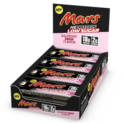 Image de Mars Raspberry Smash Barres protéinées au chocolat à faible teneur en sucre Lot de 12 paquets 55 g, collation énergétique riche protéines, 18 g protéines