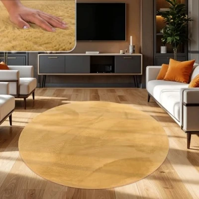 Afbeelding van TT Home Shaggy Tapijt, hoogpolig, pluche, effen, modern, kleur: geel, afmetingen: 160 cm, rond