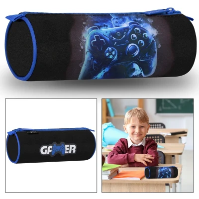 Afbeelding van Zwart blauwe ronde gaming etui, met rits, VOOR GAMER, gamepad 22x8x8cm