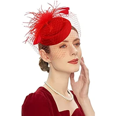 Afbeelding van DRESHOW Fascinator hoed veer bruiloft dames dag hoofdband en clip cocktail thee party voor meisjes vrouwen, één maat, pillendoos rood