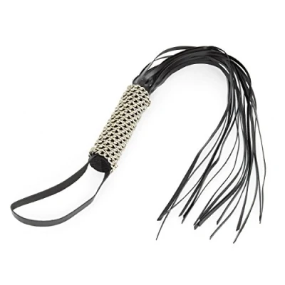 Afbeelding van Rimba Bondage Play Zweep flogger met 16 leren strengen en handvat kettingen