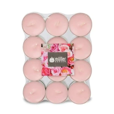 Afbeelding van Müller Tealights Geurkaarsen, Engelse geur, roze, 39 x 15 mm, houdt 4 uur, roze was, 24 stuks