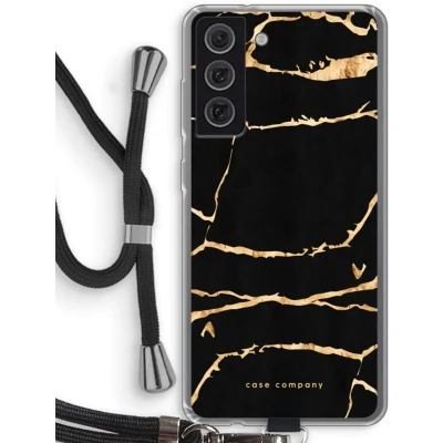 Afbeelding van Case Company® hoesje met Koord geschikt voor Samsung Galaxy S21 FE Gouden marmer Telefoonhoesje Zwart Bescherming aan alle Kanten en Over de Schermrand