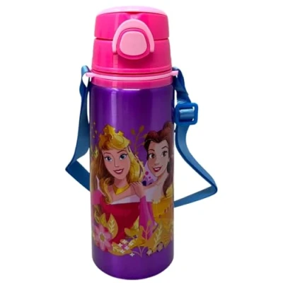 Afbeelding van Drinkfles van aluminium met rietje, Disney prinsessen, 730 ml, fles automatische opening, pop up voor kinderen, inclusief schouderriem