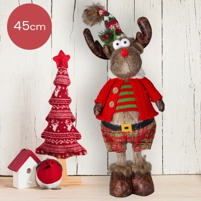 Afbeelding van Handgemaakt bruin Rendier mannetje met rood/groen gestreept shirt 45(55)cm