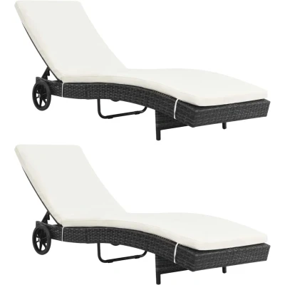 Afbeelding van vidaXL Ligbedden 2 st met wielen en kussens poly rattan zwart