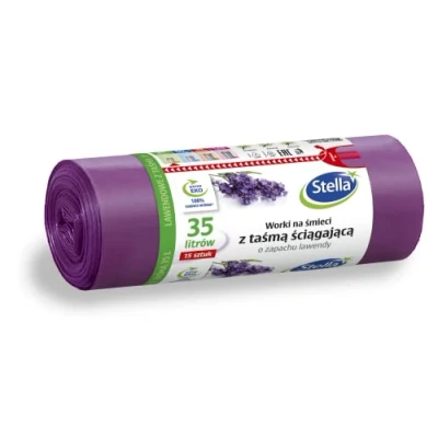Afbeelding van STELLA 009893 vuilniszakken met trekkoord, 35 l, lavendelgeur, voor huishoudelijk afval op kantoor, van LDPE folie/granulaat, kleur: lavendel/paars, 15 stuks