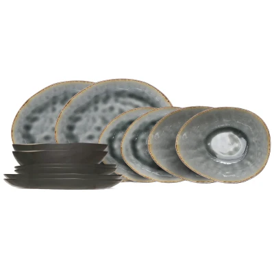 Afbeelding van Cosy &amp; Trendy Serviesset Organic Laguna Blue Grey 12 Delig / 4 personen dinerborden, ontbijtborden en schalen