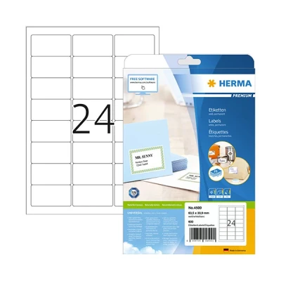 Image de Herma Premium 4500 étiquettes d&#039;adresse adhésives permanentes A4 63,5 x 33,9 mm (600 étiquettes) blanc