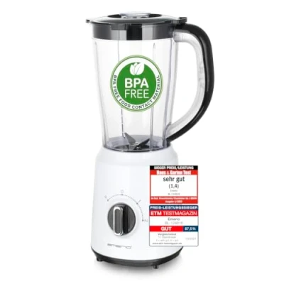 Afbeelding van Emerio BL 124816.7 Blender Wit BPA vrij, crush ijs functie, 1,5 liter, 2 snelheden + pulse meseenheid van roestvrij staal, veiligheidsschakelaar, vaatwasmachinebestendig, 500 watt