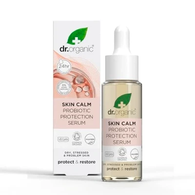 Afbeelding van Dr Organic Skin Calm Probiotisch Beschermserum, voor roodheid, droge, gevoelige en prikkelbare huid, dermatologisch getest, veganistisch, dierproefvrij, parabenen SLS, 30 ml