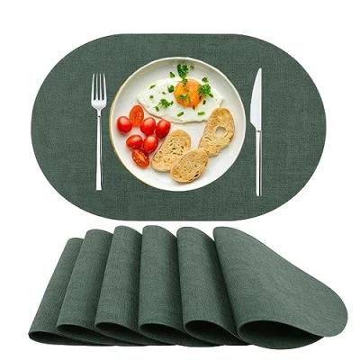Afbeelding van Set van 6 wasbare placemats kunstleer, hittebestendig, antislip, voor eettafel, keuken, ovaal, groen