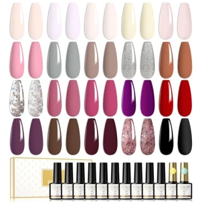 Afbeelding van ROSALIND Semi permanente nagellak, 20 kleuren + 1 basislak glanzende toplaag, pastelnagellak, soak off, UV/LED, gel, glitter, bruin, grijs, zilver, zwart, roze