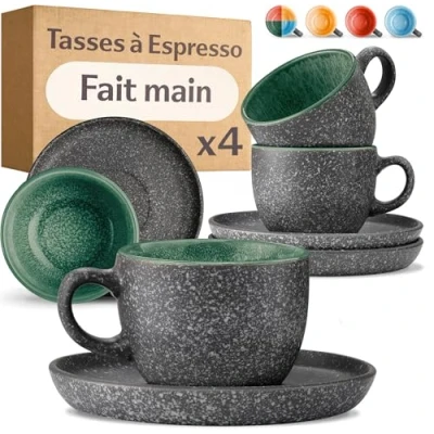 Afbeelding van Cosumy Espressokopjes met schoteltjes, set van 4 90 ml keramiek, handgemaakt reactief email, houdt de warmte langer vast (groen)