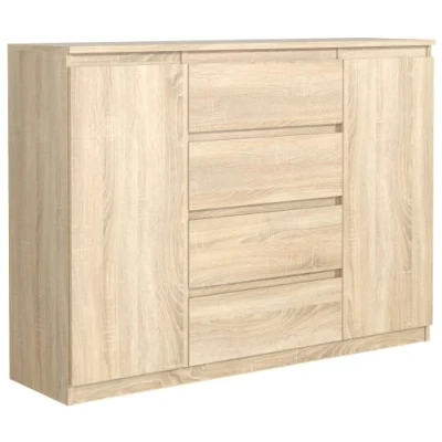 Afbeelding van commode eiken Sonoma mat met 4 laden en 2 deuren 120 cm, opbergkast, slaapkamer H: 101,5 B: 120,4 D: 39 laden, volwassenen