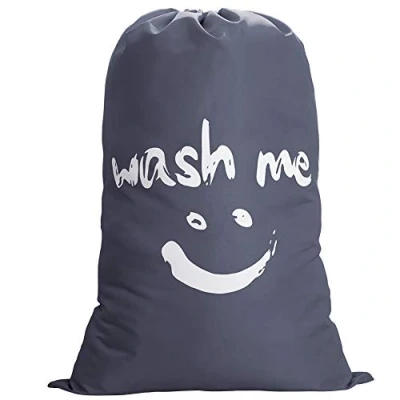 Afbeelding van IHOMAGIC Grote waszak, opvouwbaar, opbergtas met nylon touw, 120 g, licht, draagbaar, voor vuile kleding, deken, 60 80 liter, in slaapkamer, hotel, slaapzaal, 61 x 92 cm, grijs