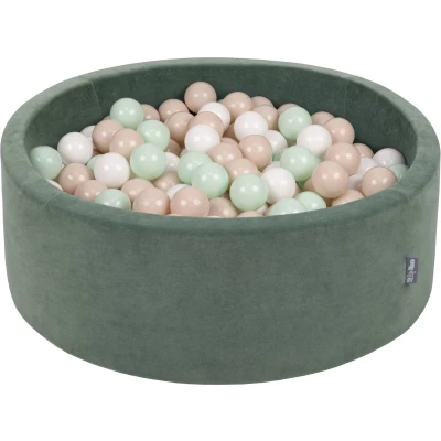 Afbeelding van KiddyMoon Ballenbad, rond, met fluwelen hoes, 90 x 30 cm, 200 ballen van 7 cm diameter, gemaakt in de EU, voor baby&#039;s, bosgroen: pastelbeige/wit/munt