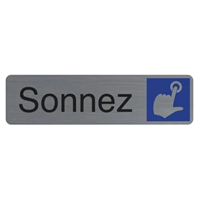 Image de Exacompta Réf. 67162E 1 Plaque de porte adhésive Sonnez murale imprimée signalisation Sur tous supports Aspect aluminium brossé Dimensions : 16,5 x 4,4 cm